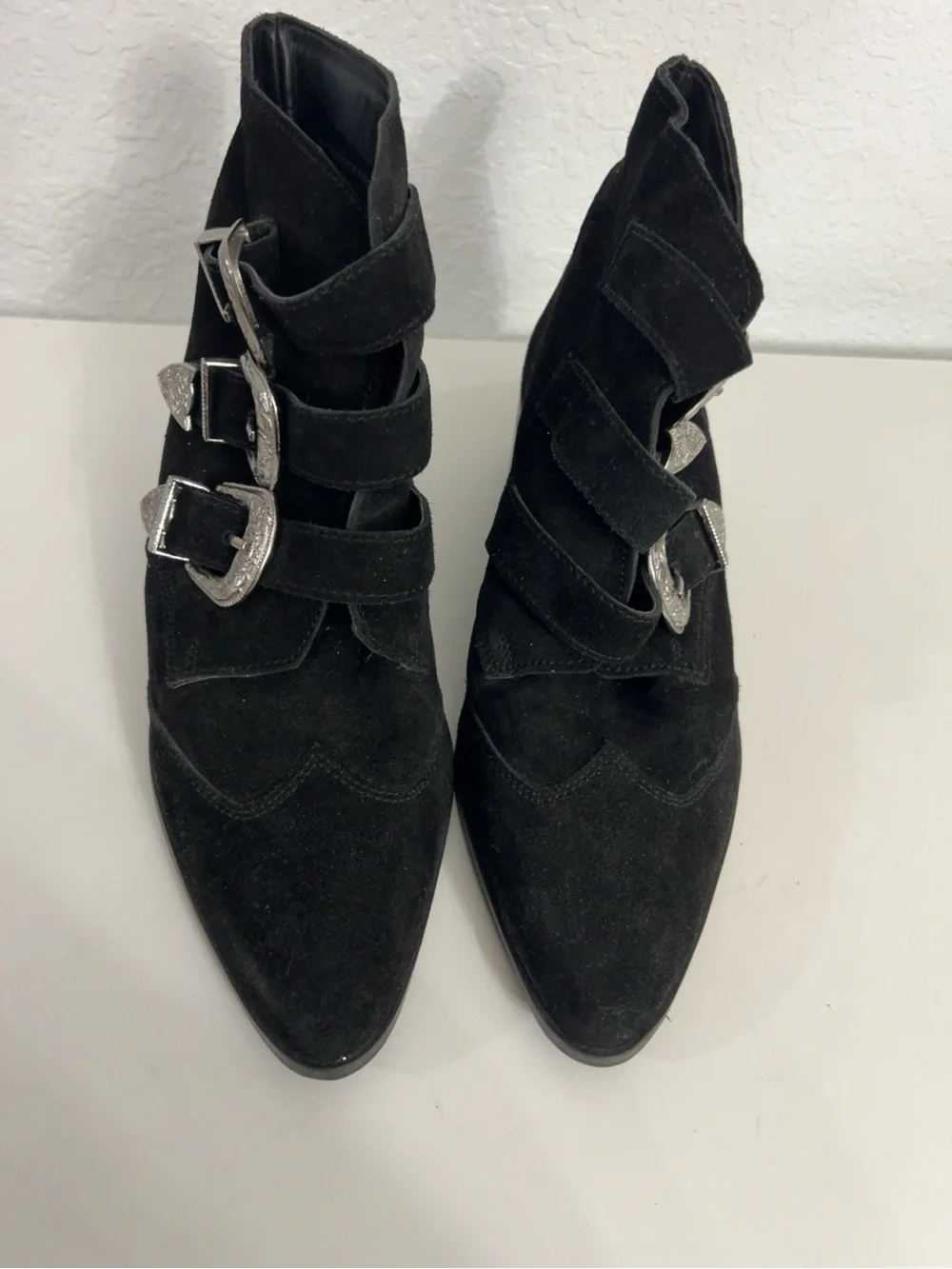 ASOS Black Suede Triple Buckle Western Ankle Boots EU 40